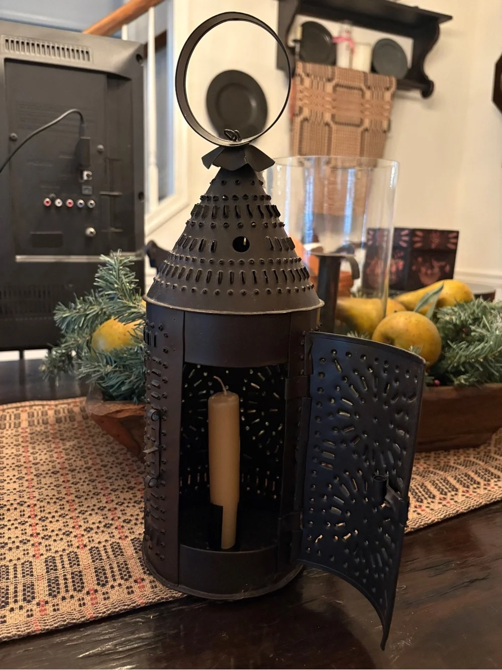 Punched Metal Hanging Lantern in Dark Brown(candle not included)